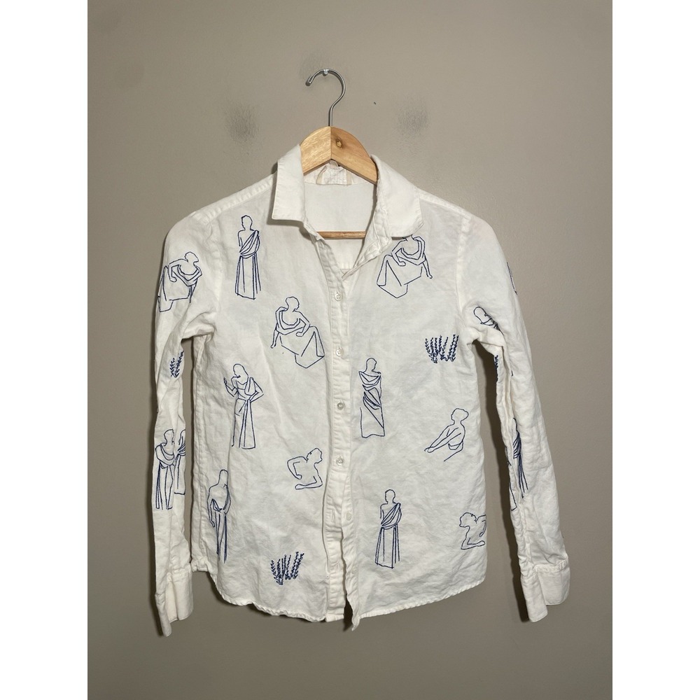 SÉZANE x Roberto Ruspoli Tom Shirt Print Size 32   XXS Long Sleeve Linen White - Picture 4 of 9